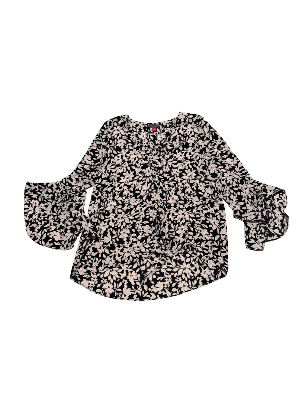 Vince Camuto Black Ivory Floral Lightweight Bell Sleeve Blouse Large Workwear